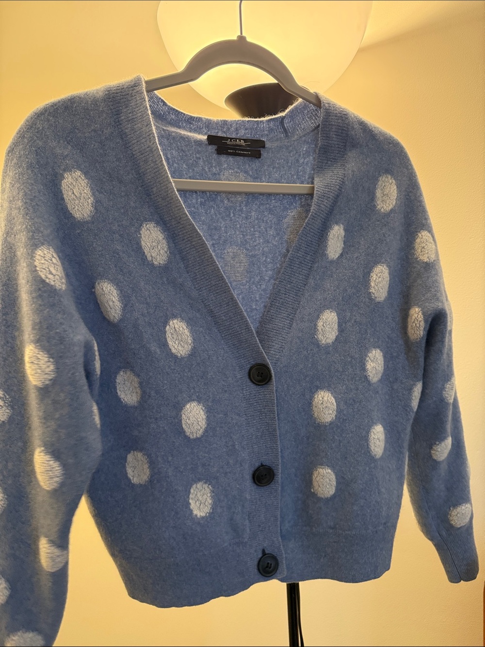 Polka Dot V-Neck Button Cardigan in Light Blue 100% cashmere